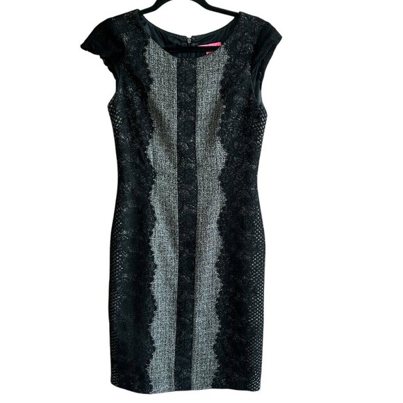 Betsey Johnson Tweed Black Lace Overlay Sheath Cap Sleeve Dress Size 4 - Picture 1 of 12